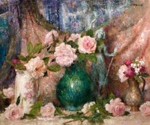 Pink Roses with A Green Vase - James Cowper